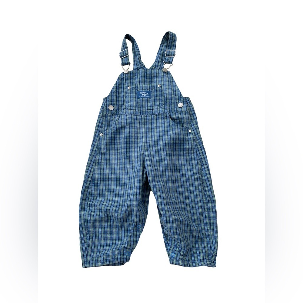 Vintage Oshkosh Size 24 Months Blue and Green Plaid Overalls